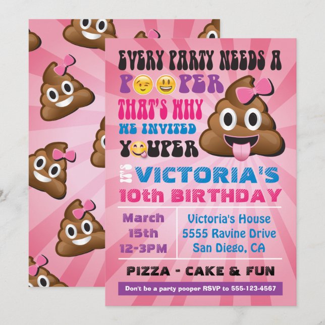 Emoji Fiesta Pooper Chica Birthay Invitación (Anverso / Reverso)