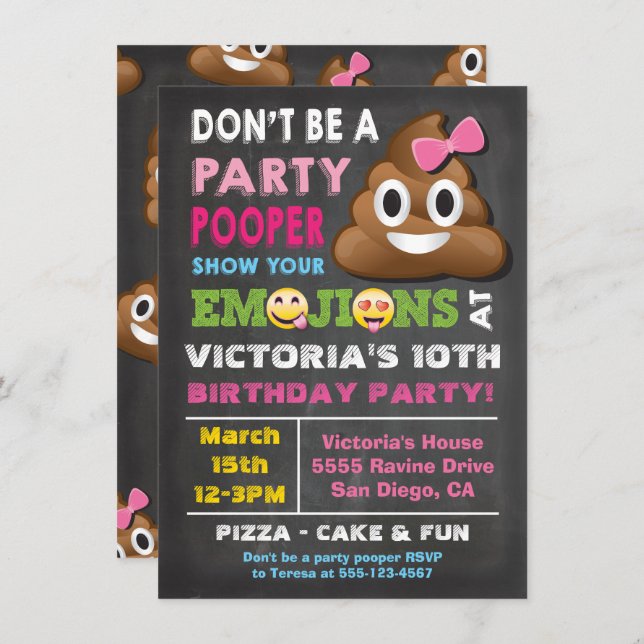 Emoji Fiesta Pooper Chica Birthay Invitación (Anverso / Reverso)