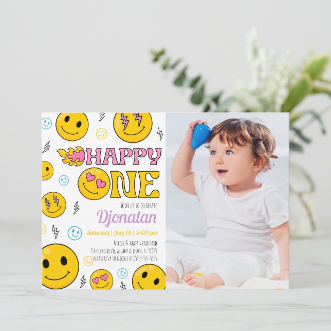 Emojis Invitación de primer cumpleaños con foto (Anverso de pie)