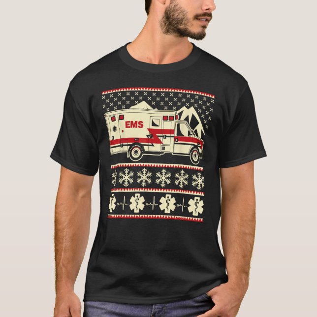EMT Funny Navidades feos Sweater con ambulancia y (Anverso)