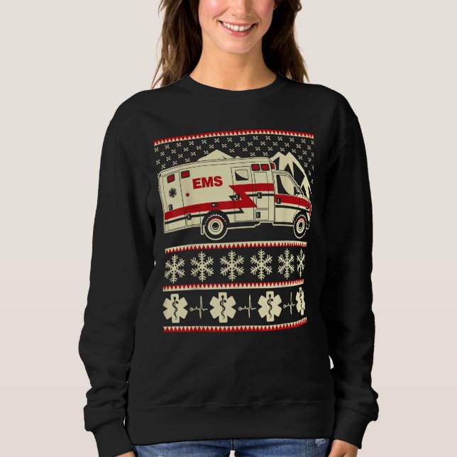 EMT Funny Navidades feos Sweater con ambulancia y (Anverso)