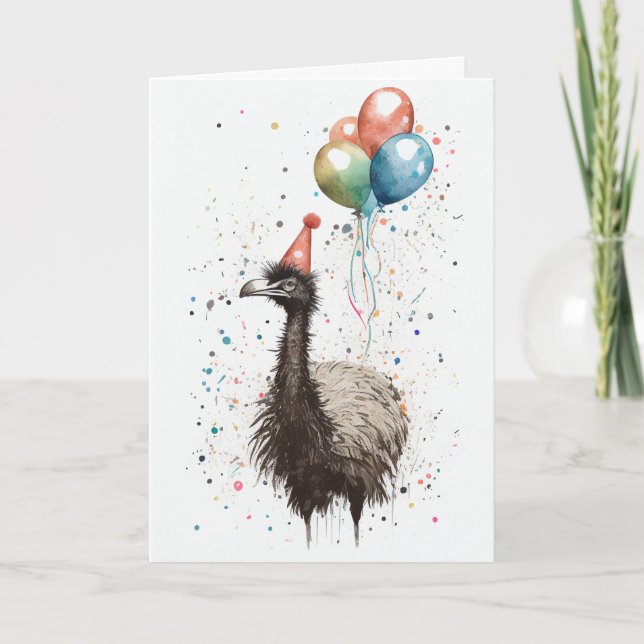 Emu con Gorra Fiesta y tarjeta de saludo de globos (Anverso)