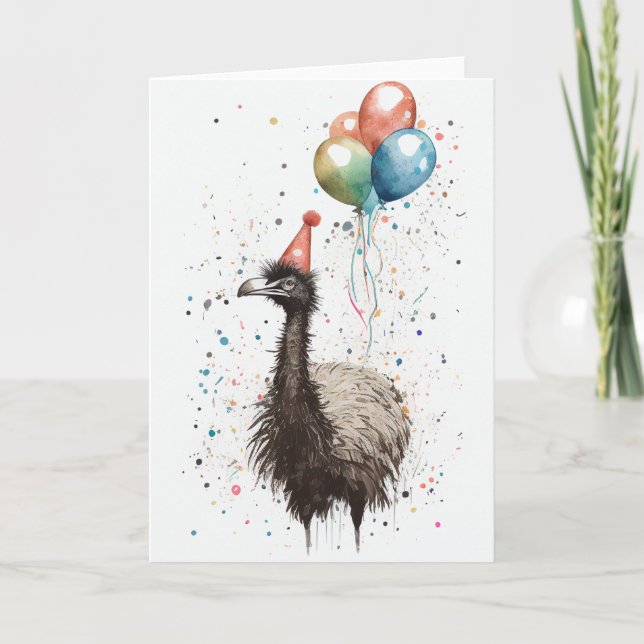 Emu con Gorra Fiesta y tarjeta de saludo de globos (Anverso)