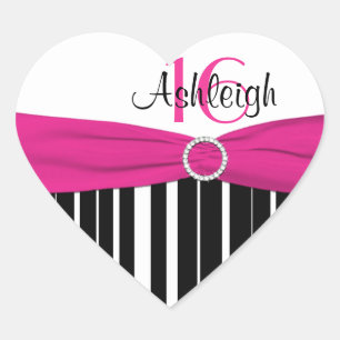 En Forma De Corazón Décimosexto pegatina rayado rosado, negro, blanco