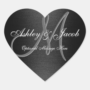 En Forma De Corazón Elegante Pegatina Monogramado Boda Blanco y Negro