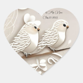 En Forma De Corazón Elegantes pájaros amorosos taupe y pegatina boda b