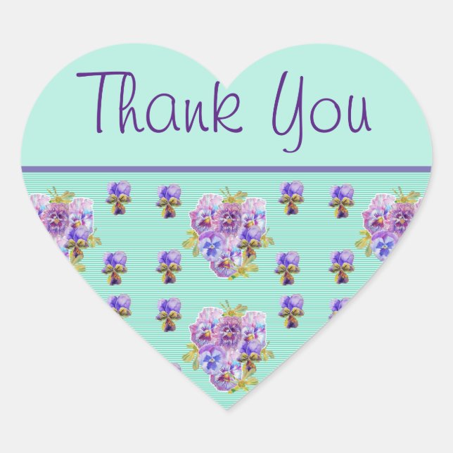En Forma De Corazón Pansy Flower Aqua Stripe floral Gracias Pegatina (Anverso)