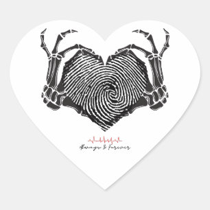 En Forma De Corazón Pegatina cardíaco con Skeleton Hand y huellas dact