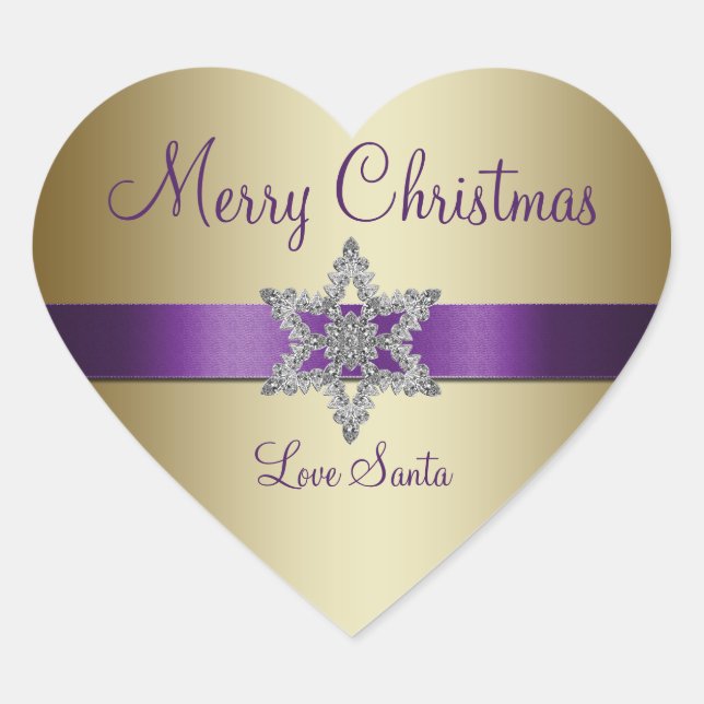 En Forma De Corazón Purple Gold Snowflake Feliz Pegatina navideño (Anverso)