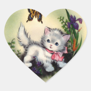 En Forma De Corazón Vintage Kitten Pegatina