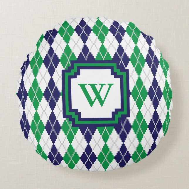 En la Almohada Verde Argyle Redonda (Anverso)