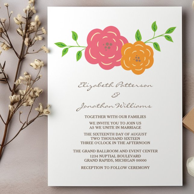En la invitación a la boda floral de Naranja rojo  (In Bloom Red Orange Floral Wedding Invite)