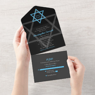 En Uno Invitación de Bar Mitzvah de barra azul negra todo