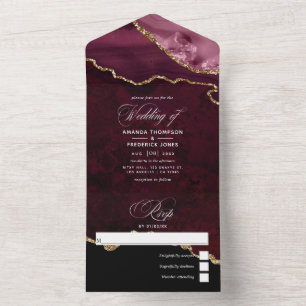 En Uno Invitación de boda de ágata dorada y borgoña todo