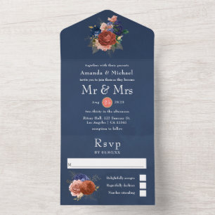 En Uno Invitación de boda floral azul marino y coral todo