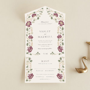 En Uno Invitación de boda floral dorada de Borgoña todo e