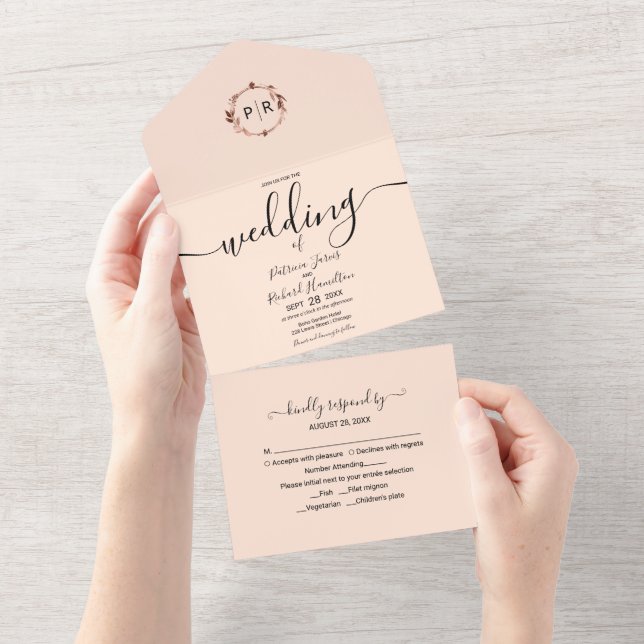 En Uno Invitación de Boda Monograma Rosa Melocotón Todo e (desgarro)