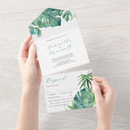 En Uno Invitación moderna de boda con palma tropical todo