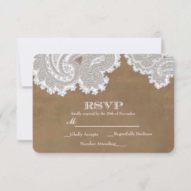 Encaje Blanco & Marrón Rústico Elegante RSVP de Bo (Anverso)