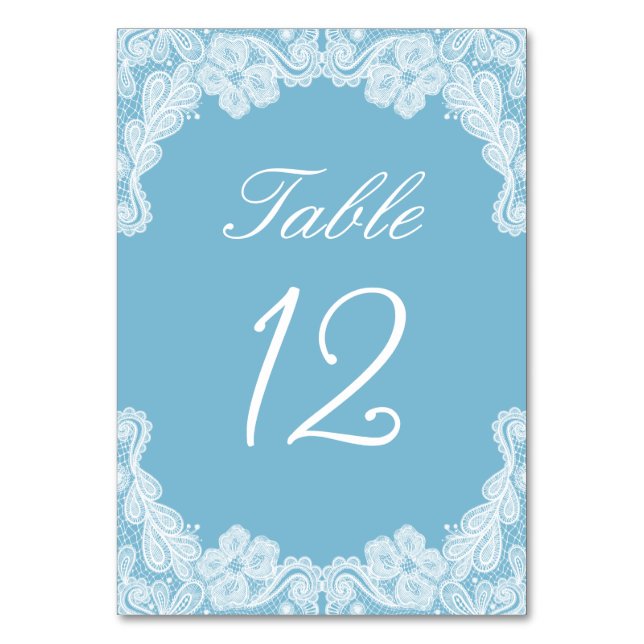Encaje blanco sobre tarjetas de número de mesa azu (Anverso)