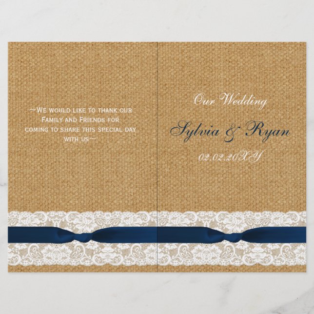 Encaje de arpillera FAUX, programas de boda rústic (Anverso)