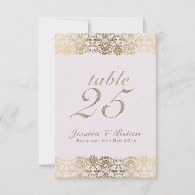 Encaje Dorado y Número de Mesa de Boda Blanco (Anverso)
