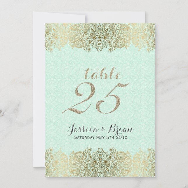 Encaje dorado y número de mesa de boda en verde me (Anverso)