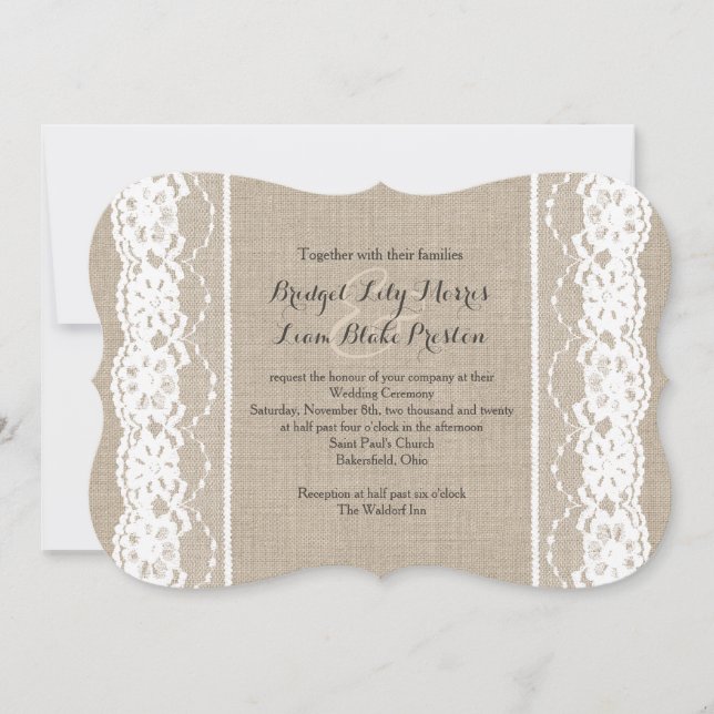 Encaje en blanco en la invitación a la boda de Bur (Anverso)