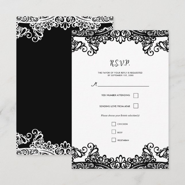Encaje negro y blanco Elegante RSVP de boda (Anverso / Reverso)