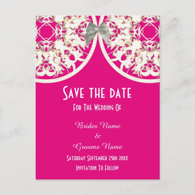 Encaje rosa y blanco  tarjeta de salvar la fecha (Anverso)