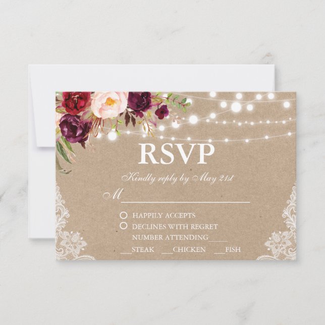 Encaje Rústico Boda Kraft Floral RSVP con Comida (Anverso)