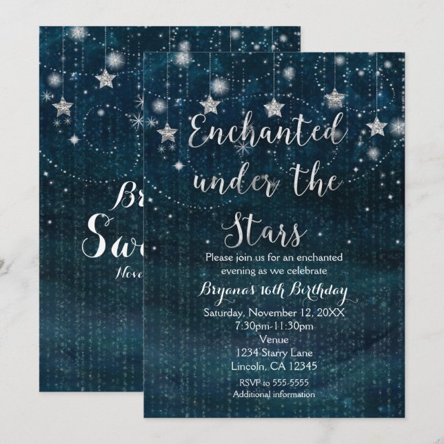 Encantado bajo la invitación Stars Silver & Blue (Anverso / Reverso)