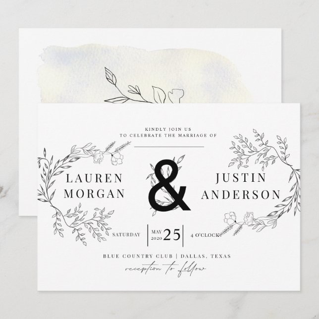 Encantador botánico elegante invitación a la boda (Anverso / Reverso)