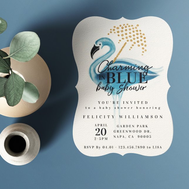 Encantador de flamenco en una invitación azul a Ba (Subido por el creador)