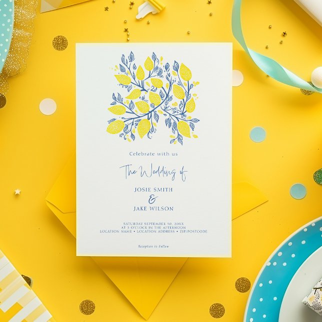 Encantador Invitación a la Boda de Vino de Limón (Bright yellow and blue delightful lemon branch illustration wedding invitation.)