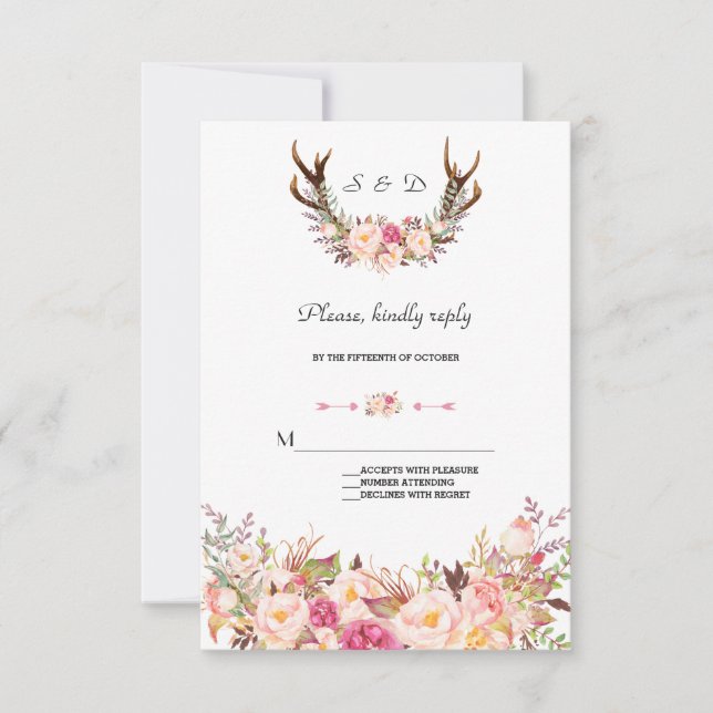 Encantador mortero floral rosa Rubor Boda RSVP (Anverso)