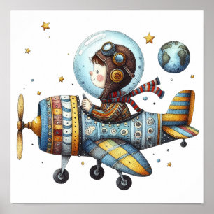 Encantador niño de arte de guardería volando avión