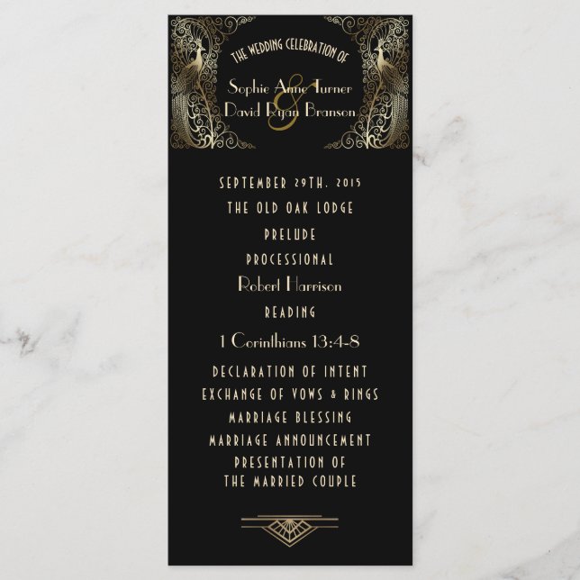 Encantador Programa de Boda de Oro Art Deco Peacoc (Anverso)