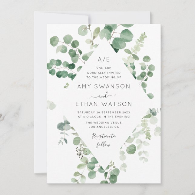 encantadora invitación a bodas de eucalipto verde (Anverso)