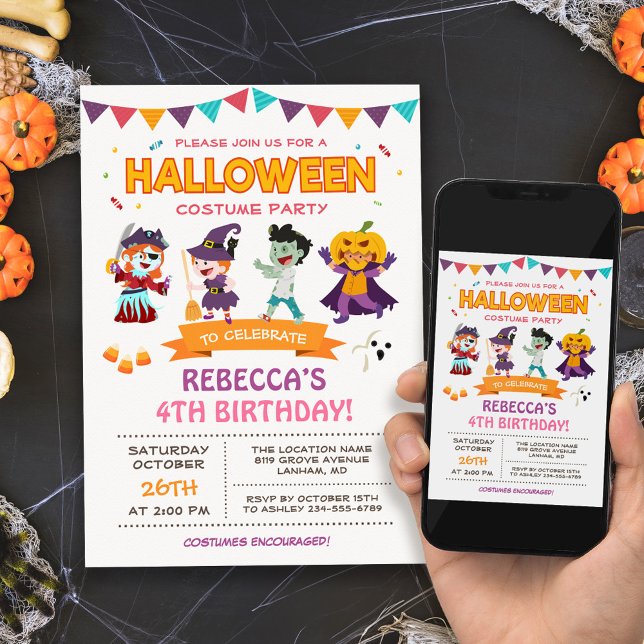Encantadora invitación a fiesta de disfraces para  (Perfect choice for a kids' Halloween costume party, school event, or neighborhood gathering.)