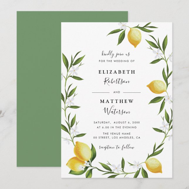 encantadora invitación a la boda de limón follaje (Anverso / Reverso)