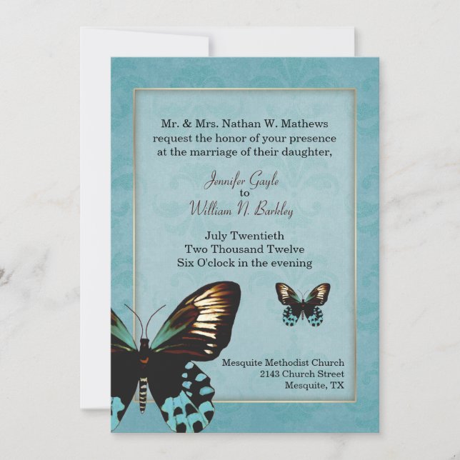 Encantadora invitación a la boda de mariposas Aqua (Anverso)