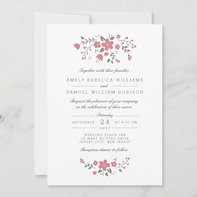 Encantadora invitación a la boda floral rosada (Anverso)