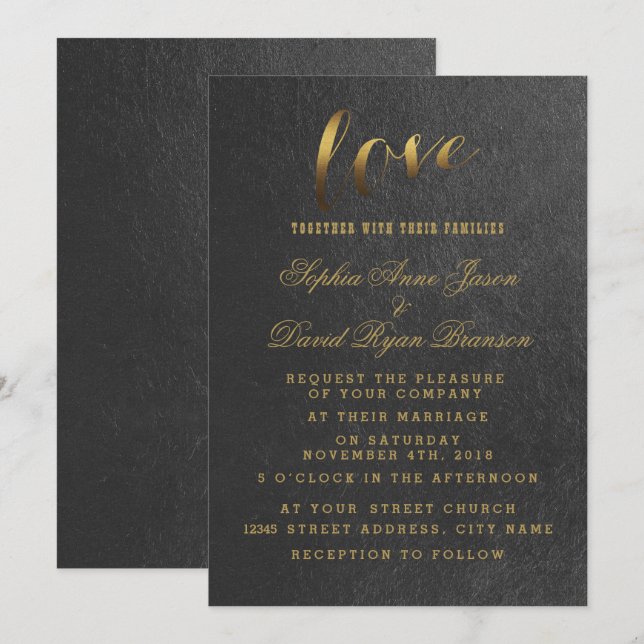 Encantadora invitación a la boda negra de Relieve  (Anverso / Reverso)