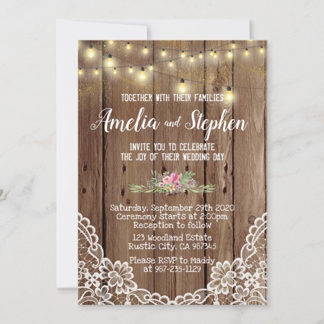 Encantadora invitación a la boda rústica de madera (Anverso)