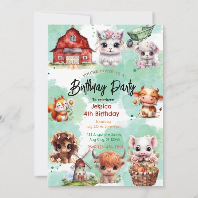 Encantadora invitación a la fiesta de cumpleaños d (Anverso)
