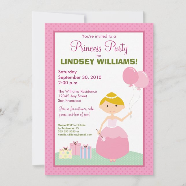 Encantadora invitación a la fiesta de la princesa  (Anverso)
