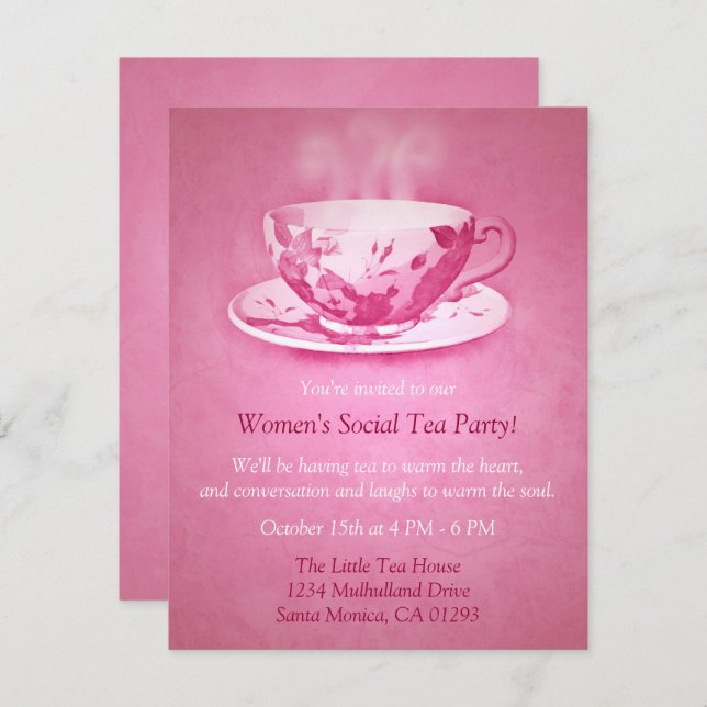 Encantadora invitación a una fiesta de té rosado (Anverso / Reverso)