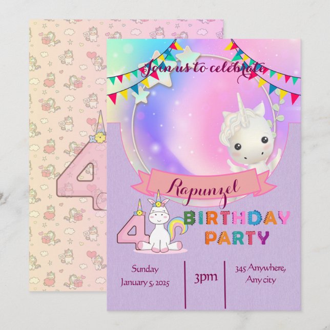 Encantadora invitación a unicornio- 4ª fiesta de c (Anverso / Reverso)