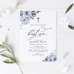 encantadora invitación al bautismo floral azul pol